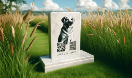 Una vista horizontal de cerca de una lápida conmemorativa para mascotas colocada en un prado cubierto de hierba. La lápida es sencilla y elegante, con un código QR claro y una foto de la mascota (perro o gato) grabada. La hierba circundante es exuberante y verde, se mece suavemente con la brisa, con algunas flores silvestres dispersas que añaden un toque de color. El cielo es azul con algunas nubes esponjosas, creando una atmósfera serena y pacífica. https:www.lapidasparamascotas.com