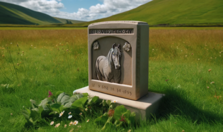 Una imagen horizontal que muestra una lápida conmemorativa sobre la hierba de un prado, dedicada a la muerte de un caballo. La lápida es modesta, de piedra, con un grabado de un caballo y la inscripción 'En memoria amorosa'. Alrededor de la lápida hay algunas flores y la hierba verde y exuberante del prado. El cielo arriba es azul con algunas nubes dispersas y el entorno es pacífico y sereno. https:www.lapidasparamascotas.com