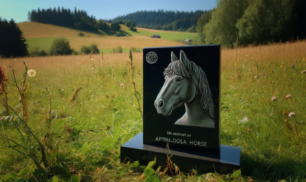 Imagen horizontal de una lápida conmemorativa de un caballo Appaloosa fallecido, colocada sobre la hierba de un prado. La lápida es sencilla y elegante, con una inscripción dedicada al caballo. Alrededor de la lápida hay flores y quizás algunos recuerdos como una herradura o una cinta. El fondo es una hermosa y tranquila pradera con hierba verde, algunas flores silvestres y algunos árboles en la distancia bajo un cielo azul claro. https:www.lapidasparamascotas.com