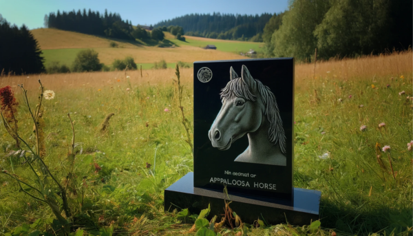 Imagen horizontal de una lápida conmemorativa de un caballo Appaloosa fallecido, colocada sobre la hierba de un prado. La lápida es sencilla y elegante, con una inscripción dedicada al caballo. Alrededor de la lápida hay flores y quizás algunos recuerdos como una herradura o una cinta. El fondo es una hermosa y tranquila pradera con hierba verde, algunas flores silvestres y algunos árboles en la distancia bajo un cielo azul claro. https:www.lapidasparamascotas.com