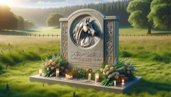 Imagen horizontal de una lápida conmemorativa en una pradera cubierta de hierba, dedicada a la muerte de un caballo árabe. La lápida está hecha de piedra elegante con inscripciones y tallas que representan un caballo árabe. Alrededor de la lápida se colocan flores y velas a modo de homenaje. La pradera es exuberante y verde, con una atmósfera pacífica y serena, y un cielo azul claro de fondo. https:www.lapidasparamascotas.com