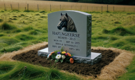 Una imagen horizontal que muestra una lápida conmemorativa de un caballo Haflinger fallecido. La lápida está colocada sobre un campo de hierba. La lápida es sencilla pero elegante, con una inscripción que menciona el nombre del caballo, las fechas de nacimiento y muerte y un breve homenaje. Alrededor de la lápida, hay algunas flores colocadas con respeto. La hierba es verde y está bien cuidada, y el escenario es tranquilo y solemne. https:www.lapidasparamascotas.com