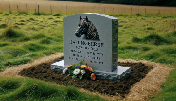 Una imagen horizontal que muestra una lápida conmemorativa de un caballo Haflinger fallecido. La lápida está colocada sobre un campo de hierba. La lápida es sencilla pero elegante, con una inscripción que menciona el nombre del caballo, las fechas de nacimiento y muerte y un breve homenaje. Alrededor de la lápida, hay algunas flores colocadas con respeto. La hierba es verde y está bien cuidada, y el escenario es tranquilo y solemne. https:www.lapidasparamascotas.com