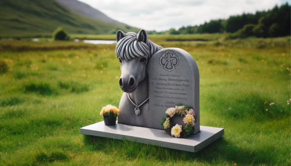 Una imagen horizontal de una lápida conmemorativa en un campo de hierba para un Connemara Pony fallecido. La lápida es modesta, de piedra gris y tiene una inscripción tallada dedicada al pony. Alrededor de la base de la lápida se colocan flores y una pequeña corona. El fondo presenta una pradera verde y tranquila con algunos árboles y un cielo sereno. https:www.lapidasparamascotas.com