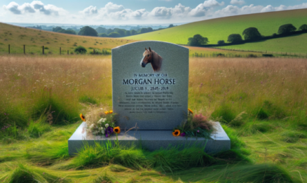 Una imagen horizontal que muestra una lápida conmemorativa en el campo de hierba de un prado, dedicada a un caballo Morgan. La lápida está hecha de granito pulido con una inscripción que dice: "En memoria de nuestro amado caballo Morgan". Se colocan flores alrededor de la base y el prado es exuberante y verde con flores silvestres esparcidas por todas partes. El cielo está despejado con algunas nubes blancas y al fondo se ven colinas y árboles distantes, creando una atmósfera serena y pacífica. https:www.lapidasparamascotas.com