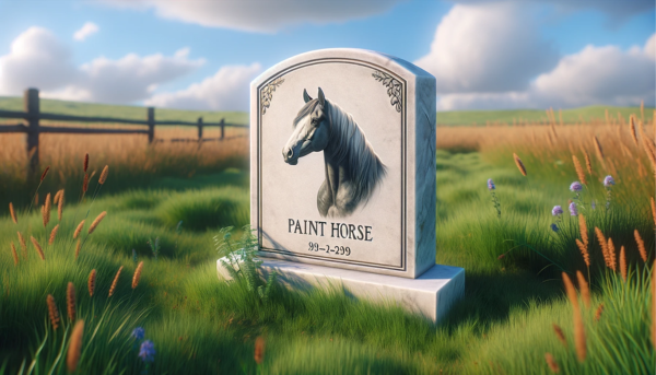 Una lápida conmemorativa de un caballo de pintura en una pradera cubierta de hierba. La lápida es simple pero elegante, con un grabado de un Paint Horse, que posiblemente muestra su patrón distintivo de pelaje. La escena es serena y pacífica, con la lápida colocada bajo un cielo azul claro y rodeada de hierba verde y algunas flores silvestres. https:www.lapidasparamascotas.com