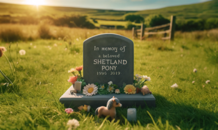 Una lápida conmemorativa de la muerte de un pony Shetland sobre la hierba de un prado. La lápida es sencilla y elegante, está hecha de piedra gris y tiene una inscripción que dice "En memoria de un querido pony Shetland". Alrededor de la lápida se colocan flores y pequeños juguetes, y el sol brilla suavemente, proyectando una luz cálida sobre la escena. El fondo incluye una pradera serena con hierba verde y exuberante y algunos árboles distantes bajo un cielo azul claro. https:www.lapidasparamascotas.com