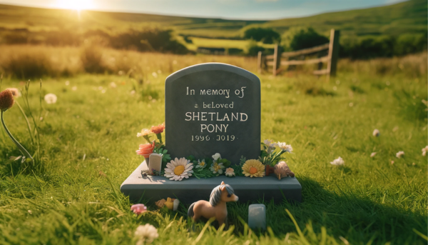 Una lápida conmemorativa de la muerte de un pony Shetland sobre la hierba de un prado. La lápida es sencilla y elegante, está hecha de piedra gris y tiene una inscripción que dice "En memoria de un querido pony Shetland". Alrededor de la lápida se colocan flores y pequeños juguetes, y el sol brilla suavemente, proyectando una luz cálida sobre la escena. El fondo incluye una pradera serena con hierba verde y exuberante y algunos árboles distantes bajo un cielo azul claro. https:www.lapidasparamascotas.com