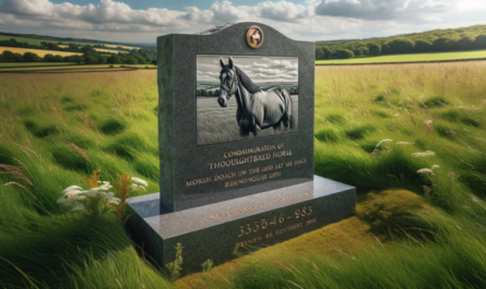 Una imagen horizontal que muestra una lápida conmemorativa de un caballo pura sangre sobre la hierba de un prado. La lápida es elegante, con el grabado de un caballo e inscripciones que conmemoran su vida. La pradera circundante es exuberante y verde, con flores silvestres salpicando la hierba. El cielo está despejado con algunas nubes dispersas y la escena evoca una sensación de paz y recuerdo. https:www.lapidasparamascotas.com