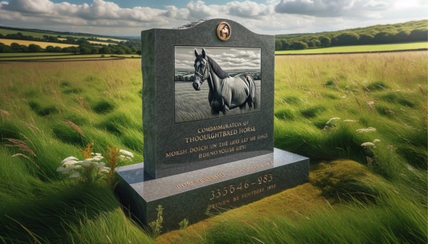 Una imagen horizontal que muestra una lápida conmemorativa de un caballo pura sangre sobre la hierba de un prado. La lápida es elegante, con el grabado de un caballo e inscripciones que conmemoran su vida. La pradera circundante es exuberante y verde, con flores silvestres salpicando la hierba. El cielo está despejado con algunas nubes dispersas y la escena evoca una sensación de paz y recuerdo. https:www.lapidasparamascotas.com