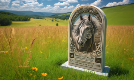 En una pradera cubierta de hierba hay una lápida conmemorativa de la muerte de un caballo Tennessee Walker. La lápida está elegantemente elaborada, con grabados detallados y una imagen de un caballo. Alrededor de la lápida hay flores silvestres y hierba alta que se mecen suavemente con la brisa. El fondo presenta colinas y un cielo azul brillante con algunas nubes dispersas, lo que crea una atmósfera serena y pacífica. https:www.lapidasparamascotas.com