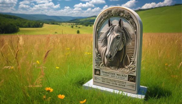 En una pradera cubierta de hierba hay una lápida conmemorativa de la muerte de un caballo Tennessee Walker. La lápida está elegantemente elaborada, con grabados detallados y una imagen de un caballo. Alrededor de la lápida hay flores silvestres y hierba alta que se mecen suavemente con la brisa. El fondo presenta colinas y un cielo azul brillante con algunas nubes dispersas, lo que crea una atmósfera serena y pacífica. https:www.lapidasparamascotas.com