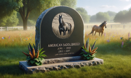 Una lápida conmemorativa de un caballo americano Saddlebred colocada o Caballo de Silla Americano sobre la hierba de un prado. La lápida está elaborada con un estilo sencillo y elegante, y presenta una silueta de caballo grabada y un epitafio. Alrededor de la lápida, hay algunas flores silvestres y la exuberante hierba verde de la pradera, con un ambiente sereno y pacífico. https:www.lapidasparamascotas.com