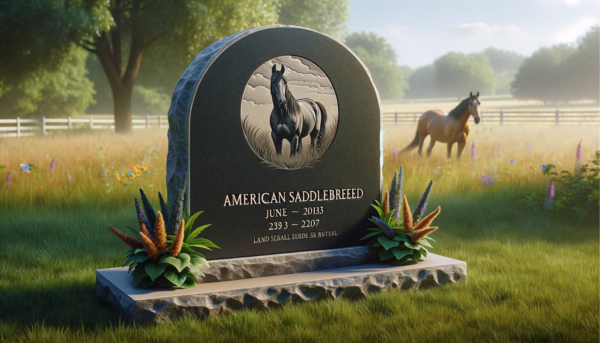 Una lápida conmemorativa de un caballo americano Saddlebred colocada o Caballo de Silla Americano sobre la hierba de un prado. La lápida está elaborada con un estilo sencillo y elegante, y presenta una silueta de caballo grabada y un epitafio. Alrededor de la lápida, hay algunas flores silvestres y la exuberante hierba verde de la pradera, con un ambiente sereno y pacífico. https:www.lapidasparamascotas.com