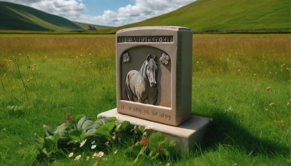 Una imagen horizontal que muestra una lápida conmemorativa sobre la hierba de un prado, dedicada a la muerte de un caballo. La lápida es modesta, de piedra, con un grabado de un caballo y la inscripción 'En memoria amorosa'. Alrededor de la lápida hay algunas flores y la hierba verde y exuberante del prado. El cielo arriba es azul con algunas nubes dispersas y el entorno es pacífico y sereno. https:www.lapidasparamascotas.com