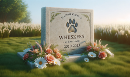 Una imagen horizontal que muestra una lápida conmemorativa de un gato en un césped. La lápida es sencilla y elegante, con un grabado de la huella de una pata de gato y la inscripción 'In Loving Memory of Whiskers' junto con los años '2010-2023'. Alrededor de la base de la lápida se colocan flores, como margaritas y rosas, y la hierba es exuberante y verde. El cielo está despejado con una suave luz del sol iluminando la escena, creando una atmósfera pacífica y serena. https:www.lapidasparamascotas.com