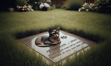 Una imagen horizontal que muestra una lápida conmemorativa sobre el césped, que conmemora la muerte de un gato abisinio. La lápida es sencilla pero elegante, con una imagen grabada de un gato abisinio y una inscripción dedicada a la querida mascota. El césped circundante es verde y está bien cuidado, creando un ambiente sereno y respetuoso. Alrededor de la lápida se colocan flores y pequeños homenajes, añadiendo un elemento personal y conmovedor a la escena. https:www.lapidasparamascotas.com