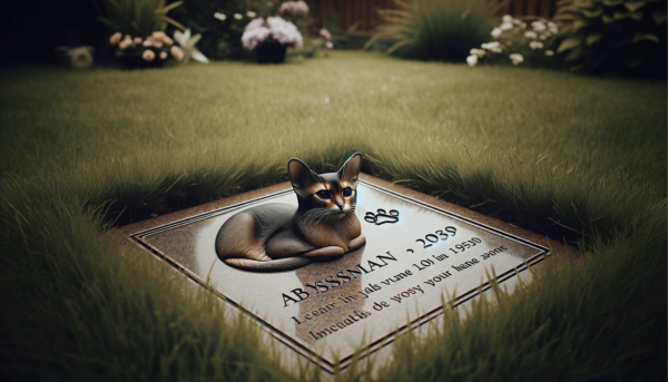 Una imagen horizontal que muestra una lápida conmemorativa sobre el césped, que conmemora la muerte de un gato abisinio. La lápida es sencilla pero elegante, con una imagen grabada de un gato abisinio y una inscripción dedicada a la querida mascota. El césped circundante es verde y está bien cuidado, creando un ambiente sereno y respetuoso. Alrededor de la lápida se colocan flores y pequeños homenajes, añadiendo un elemento personal y conmovedor a la escena. https:www.lapidasparamascotas.com