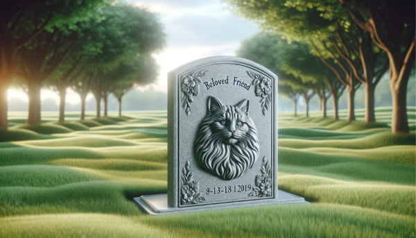 Una imagen horizontal que muestra una lápida conmemorativa sobre la hierba verde de un gato balinés fallecido. La lápida, intrincadamente tallada en piedra gris, presenta un grabado de un gato balinés y el texto "Amado amigo". El fondo muestra un entorno sereno parecido a un parque con árboles y un cielo azul suave, que transmite una atmósfera pacífica. La escena captura una sensación de respeto y tranquilidad. https:www.lapidasparamascotas.com