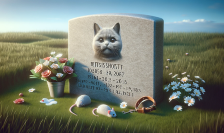 Una imagen horizontal que muestra una lápida conmemorativa de un gato británico de pelo corto en el césped. La lápida es modesta, está hecha de piedra gris y tiene grabado el nombre de un gato y las fechas. Alrededor de la lápida hay flores y pequeños adornos como un ratón de juguete y un collar con una etiqueta. La escena es pacífica y respetuosa, con la lápida proyectando una suave sombra sobre la hierba verde bajo un cielo azul claro. https:www.lapidasparamascotas.com