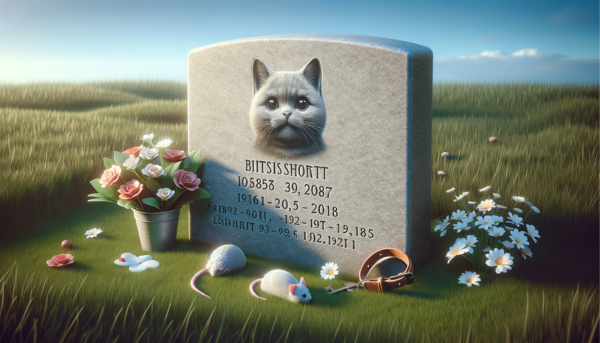 Una imagen horizontal que muestra una lápida conmemorativa de un gato británico de pelo corto en el césped. La lápida es modesta, está hecha de piedra gris y tiene grabado el nombre de un gato y las fechas. Alrededor de la lápida hay flores y pequeños adornos como un ratón de juguete y un collar con una etiqueta. La escena es pacífica y respetuosa, con la lápida proyectando una suave sombra sobre la hierba verde bajo un cielo azul claro. https:www.lapidasparamascotas.com