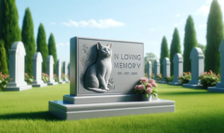 Una imagen horizontal que muestra un exuberante césped verde con una lápida conmemorativa de un gato birmano fallecido. La lápida tiene un diseño elegante, está hecha de piedra gris y presenta un grabado de un gato birmano y las palabras "In Loving Memory". El entorno es sereno, con algunas flores colocadas alrededor de la lápida, bajo un cielo azul claro. https:www.lapidasparamascotas.com