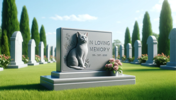 Una imagen horizontal que muestra un exuberante césped verde con una lápida conmemorativa de un gato birmano fallecido. La lápida tiene un diseño elegante, está hecha de piedra gris y presenta un grabado de un gato birmano y las palabras "In Loving Memory". El entorno es sereno, con algunas flores colocadas alrededor de la lápida, bajo un cielo azul claro. https:www.lapidasparamascotas.com