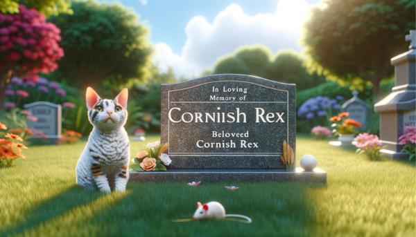 Una imagen horizontal que muestra una lápida conmemorativa de un gato Cornish Rex en el césped. La lápida es sencilla pero elegante, está hecha de granito pulido y tiene una inscripción que dice: "En memoria amorosa de [nombre del gato], amado Cornish Rex". Hay algunas flores y un pequeño ratón de juguete colocado al lado de la lápida. El fondo muestra un sereno jardín con árboles y flores, bajo un cielo azul claro. https:www.lapidasparamascotas.com