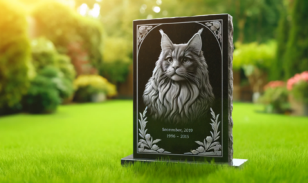 Una imagen horizontal que muestra una lápida conmemorativa sobre el césped de un gato Maine Coon fallecido. La lápida está elegantemente tallada en granito y se alza en medio de una exuberante hierba verde. Presenta una representación bellamente grabada de un gato Maine Coon esponjoso con pelaje largo y distintivas orejas copetudas. La lápida también incluye una emotiva inscripción en cursiva, que rinde homenaje a la querida mascota. El fondo muestra un tranquilo jardín con la suave luz del sol filtrándose a través de los árboles. https:www.lapidasparamascotas.com