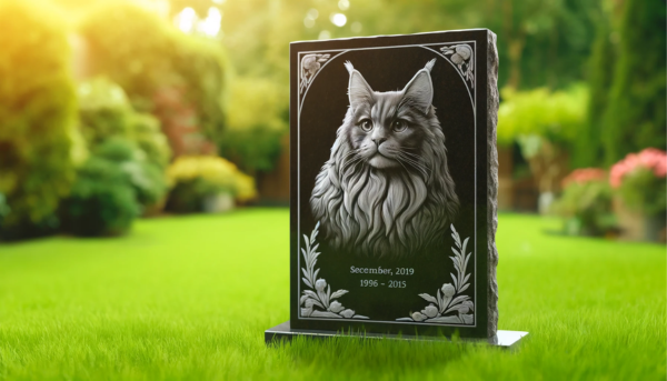 Una imagen horizontal que muestra una lápida conmemorativa sobre el césped de un gato Maine Coon fallecido. La lápida está elegantemente tallada en granito y se alza en medio de una exuberante hierba verde. Presenta una representación bellamente grabada de un gato Maine Coon esponjoso con pelaje largo y distintivas orejas copetudas. La lápida también incluye una emotiva inscripción en cursiva, que rinde homenaje a la querida mascota. El fondo muestra un tranquilo jardín con la suave luz del sol filtrándose a través de los árboles. https:www.lapidasparamascotas.com