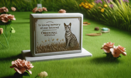 Una imagen horizontal que muestra una lápida conmemorativa sobre un césped para un gato Devon Rex. La lápida está adornada con una pequeña imagen grabada de un gato Devon Rex y una inscripción que dice "En memoria de nuestro querido Devon Rex". Alrededor de la lápida se colocan flores y algunos juguetes para gatos, dándole una apariencia cálida y sincera. El fondo muestra un jardín sereno e iluminado por el sol con algunos árboles y flores, lo que enfatiza una atmósfera pacífica. https:www.lapidasparamascotas.com