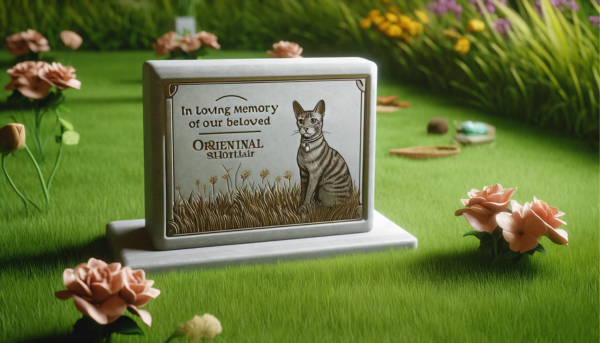 Una imagen horizontal que muestra una lápida conmemorativa sobre un césped para un gato Devon Rex. La lápida está adornada con una pequeña imagen grabada de un gato Devon Rex y una inscripción que dice "En memoria de nuestro querido Devon Rex". Alrededor de la lápida se colocan flores y algunos juguetes para gatos, dándole una apariencia cálida y sincera. El fondo muestra un jardín sereno e iluminado por el sol con algunos árboles y flores, lo que enfatiza una atmósfera pacífica. https:www.lapidasparamascotas.com