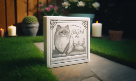 Imagen horizontal de una lápida conmemorativa de un gato Ragdoll, colocada sobre el césped. La lápida es sencilla y elegante, con una pequeña ilustración grabada de un gato Ragdoll y una inscripción que dice "En memoria amorosa de [nombre del gato], amado Ragdoll, para siempre en nuestros corazones". Alrededor de la lápida hay algunas flores y algunas velas, creando un ambiente sereno y respetuoso. https:www.lapidasparamascotas.com