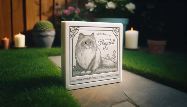 Imagen horizontal de una lápida conmemorativa de un gato Ragdoll, colocada sobre el césped. La lápida es sencilla y elegante, con una pequeña ilustración grabada de un gato Ragdoll y una inscripción que dice "En memoria amorosa de [nombre del gato], amado Ragdoll, para siempre en nuestros corazones". Alrededor de la lápida hay algunas flores y algunas velas, creando un ambiente sereno y respetuoso. https:www.lapidasparamascotas.com