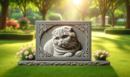 Una imagen horizontal de la lápida conmemorativa de un gato Scottish Fold colocada sobre hierba verde. La lápida está elegantemente tallada en granito, con diseños intrincados y una imagen tallada de un gato Scottish Fold, conocido por sus orejas dobladas únicas y su cara redonda. El entorno incluye algunas flores y un fondo sereno parecido a un parque con la suave luz del sol filtrándose a través de los árboles, creando una atmósfera pacífica y respetuosa. https:www.lapidasparamascotas.com