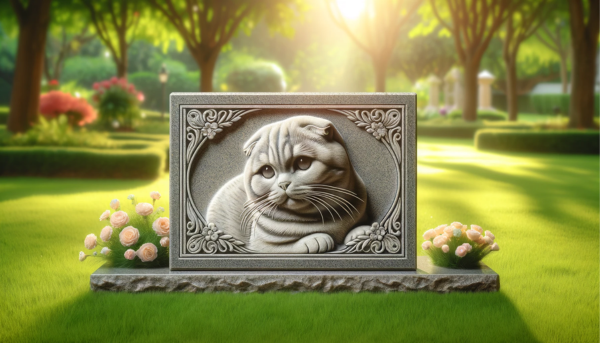 Una imagen horizontal de la lápida conmemorativa de un gato Scottish Fold colocada sobre hierba verde. La lápida está elegantemente tallada en granito, con diseños intrincados y una imagen tallada de un gato Scottish Fold, conocido por sus orejas dobladas únicas y su cara redonda. El entorno incluye algunas flores y un fondo sereno parecido a un parque con la suave luz del sol filtrándose a través de los árboles, creando una atmósfera pacífica y respetuosa. https:www.lapidasparamascotas.com