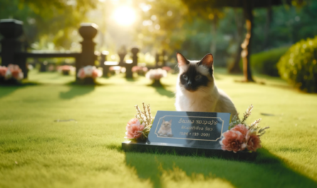 Una imagen horizontal que representa una escena conmemorativa en un césped para un gato siamés. La atención se centra en una elegante lápida colocada sobre la hierba, en la que está grabado un sentido homenaje. El entorno es sereno, con algunas flores colocadas alrededor de la piedra y la suave luz del sol filtrándose a través de los árboles del fondo, creando una atmósfera pacífica y respetuosa. https:www.lapidasparamascotas.com