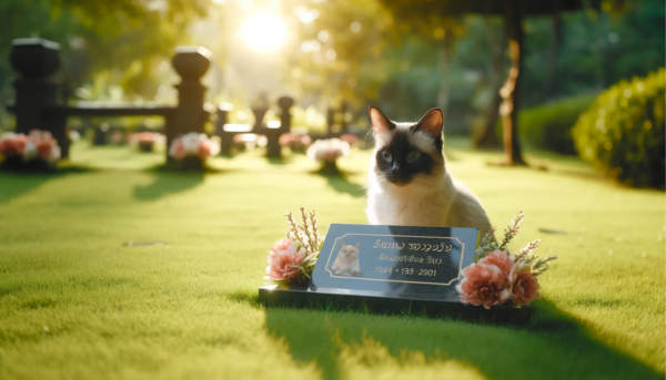 Una imagen horizontal que representa una escena conmemorativa en un césped para un gato siamés. La atención se centra en una elegante lápida colocada sobre la hierba, en la que está grabado un sentido homenaje. El entorno es sereno, con algunas flores colocadas alrededor de la piedra y la suave luz del sol filtrándose a través de los árboles del fondo, creando una atmósfera pacífica y respetuosa. https:www.lapidasparamascotas.com