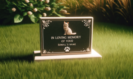 Una imagen horizontal que muestra una lápida conmemorativa de un gato somalí, colocada sobre un campo de hierba. La lápida es elegante y sencilla, con una inscripción que dice "En memoria amorosa de [nombre del gato]", junto con un pequeño ícono con una huella de pata. La hierba circundante es exuberante y verde, y hay algunas flores colocadas junto a la lápida. La escena es pacífica y serena, evoca una sensación de amor y recuerdo. https:www.lapidasparamascotas.com