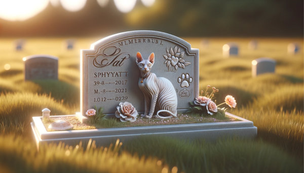 Una imagen horizontal que muestra una lápida conmemorativa de un gato Sphynx en un campo de hierba. La lápida es elegante y tiene grabado el nombre del gato y las fechas, posiblemente con una pequeña silueta de gato o huellas de patas grabadas. Alrededor de la lápida hay algunas flores y quizás una pequeña foto del gato. El entorno es sereno y el sol arroja una suave luz sobre la escena, enfatizando la sensación de recuerdo y paz. https:www.lapidasparamascotas.com