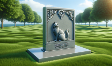 Una imagen horizontal que representa un paisaje de hierba verde con una lápida conmemorativa de un gato Van turco fallecido. La lápida está elegantemente tallada en piedra gris y descansa sobre un césped cuidadosamente recortado. Presenta un grabado de la silueta de un gato Van turco y una inscripción en honor al gato. El fondo incluye algunos árboles tranquilos y un cielo azul sereno, lo que añade una atmósfera tranquila a la escena. https:www.lapidasparamascotas.com