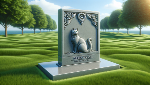 Una imagen horizontal que representa un paisaje de hierba verde con una lápida conmemorativa de un gato Van turco fallecido. La lápida está elegantemente tallada en piedra gris y descansa sobre un césped cuidadosamente recortado. Presenta un grabado de la silueta de un gato Van turco y una inscripción en honor al gato. El fondo incluye algunos árboles tranquilos y un cielo azul sereno, lo que añade una atmósfera tranquila a la escena. https:www.lapidasparamascotas.com