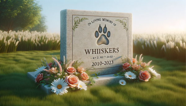 Una imagen horizontal que muestra una lápida conmemorativa de un gato en un césped. La lápida es sencilla y elegante, con un grabado de la huella de una pata de gato y la inscripción 'In Loving Memory of Whiskers' junto con los años '2010-2023'. Alrededor de la base de la lápida se colocan flores, como margaritas y rosas, y la hierba es exuberante y verde. El cielo está despejado con una suave luz del sol iluminando la escena, creando una atmósfera pacífica y serena. https:www.lapidasparamascotas.com