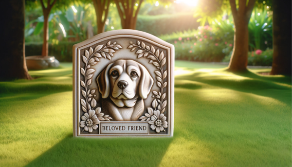 Imagen horizontal de una lápida conmemorativa sobre hierba verde dedicada a la memoria de un perro Beagle fallecido. La piedra está elegantemente tallada con diseños florales y el texto "Amado amigo" grabado en ella. Al fondo, un tranquilo jardín con la suave luz del sol que se filtra a través de los árboles, añade una atmósfera serena. https:www.lapidasparamascotas.com