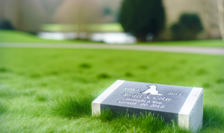 Una imagen horizontal que muestra una lápida conmemorativa de un Border Collie en un césped. La escena es tranquila, con una lápida de piedra bellamente tallada que incluye una emotiva inscripción en recuerdo del perro. La hierba alrededor es exuberante y verde, con algunas flores silvestres dispersas. El fondo es una vista suave y desenfocada de un sereno parque, que realza la atmósfera solemne y respetuosa del monumento. https:www.lapidasparamascotas.com