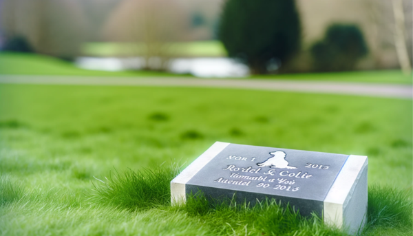 Una imagen horizontal que muestra una lápida conmemorativa de un Border Collie en un césped. La escena es tranquila, con una lápida de piedra bellamente tallada que incluye una emotiva inscripción en recuerdo del perro. La hierba alrededor es exuberante y verde, con algunas flores silvestres dispersas. El fondo es una vista suave y desenfocada de un sereno parque, que realza la atmósfera solemne y respetuosa del monumento. https:www.lapidasparamascotas.com