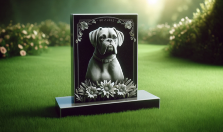 Una imagen horizontal que muestra una lápida conmemorativa de un perro Boxer fallecido, colocada sobre hierba verde. La lápida está elegantemente diseñada con tallas y grabados que reflejan el cariño hacia la mascota. El entorno es pacífico y sereno, con algunas flores colocadas alrededor de la lápida, que simbolizan el recuerdo y el amor. El ambiente transmite una sensación de calma y respeto por el compañero fallecido. https:www.lapidasparamascotas.com