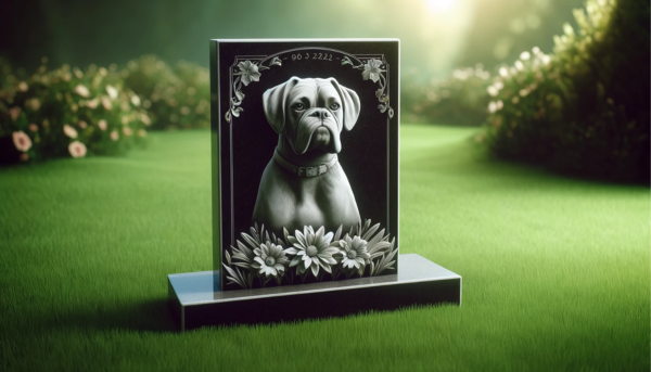 Una imagen horizontal que muestra una lápida conmemorativa de un perro Boxer fallecido, colocada sobre hierba verde. La lápida está elegantemente diseñada con tallas y grabados que reflejan el cariño hacia la mascota. El entorno es pacífico y sereno, con algunas flores colocadas alrededor de la lápida, que simbolizan el recuerdo y el amor. El ambiente transmite una sensación de calma y respeto por el compañero fallecido. https:www.lapidasparamascotas.com