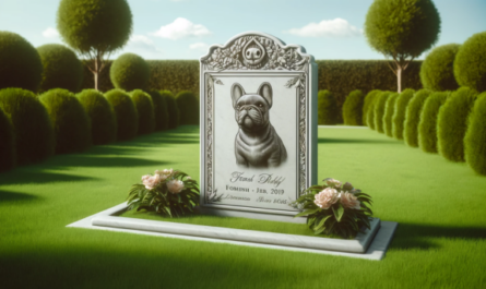 Una imagen horizontal que muestra una lápida conmemorativa de un Bulldog Francés en un césped. La lápida está elegantemente tallada con un grabado de un Bulldog Francés y un epitafio sincero. El área circundante es exuberante y verde, con algunas flores colocadas alrededor de la tumba en un ambiente sereno y respetuoso. La escena transmite un tributo pacífico y amoroso a una querida mascota, bajo un cielo despejado. https:www.lapidasparamascotas.com