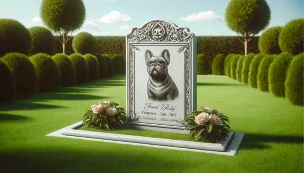 Una imagen horizontal que muestra una lápida conmemorativa de un Bulldog Francés en un césped. La lápida está elegantemente tallada con un grabado de un Bulldog Francés y un epitafio sincero. El área circundante es exuberante y verde, con algunas flores colocadas alrededor de la tumba en un ambiente sereno y respetuoso. La escena transmite un tributo pacífico y amoroso a una querida mascota, bajo un cielo despejado. https:www.lapidasparamascotas.com